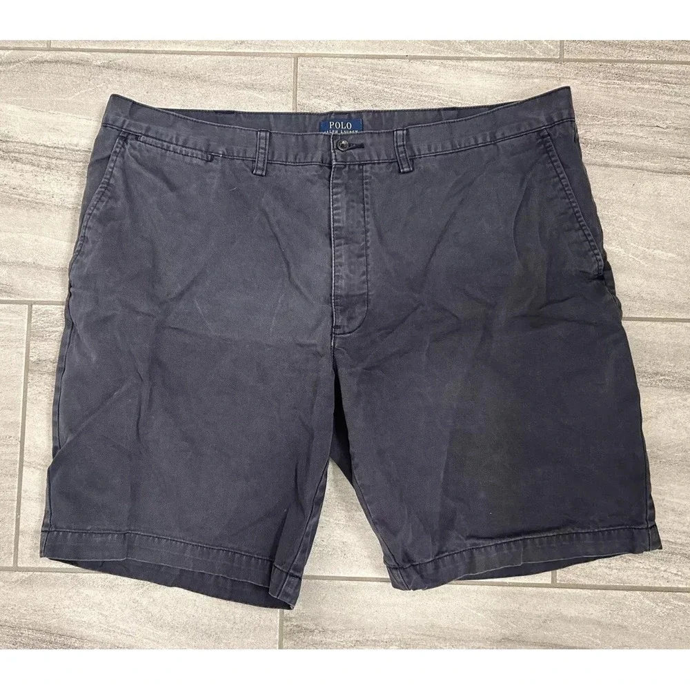 Polo Ralph Lauren Shorts Mens 42 Navy‎ 100% Cotton Denim Chino Casual Flat Front